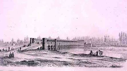 Allah Verdi Khan Bridge, i Isfahan, fra "Voyage Pittoresque" af Persien, graveret af Claude Sauvageot (1832-85) udgivet af Lemercier, Paris