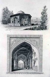 Kiosk i Golestan Qajar-paladset "Kasr l Kadjar" i Teheran, fra "Voyage Pittoresque" of Persia, graveret af Otto Obermayer, udgivet af Lemercier, Paris