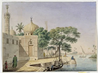 Udsigt til en moské ved vandet. Egypten. Tegning af Pascal Coste (1787-1879) Museum of Mediterranean Archaeology, Marseille