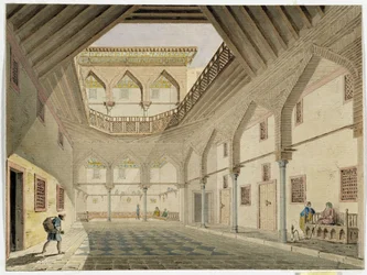 Udsigt over det indre af en caravanserail, hjemsted for Azir Osman Agha. Akvarel af Pascal Coste (1787-1879) Museum of Mediterranean Archaeology, Marseille
