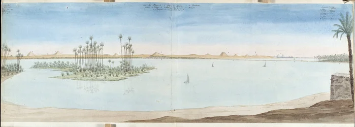 Udsigt over pyramiderne i Guiseh (Guiseh, Giza, Giza), Sakarra og Datekour. Egypten akvarel af Pascal Coste (1787-1879) Marseilles kommunale bibliotek