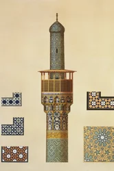 En minaret og keramiske detaljer fra moskeen i Medrese-i-Shah-Hussein, Isfahan, plade 24-25 fra 