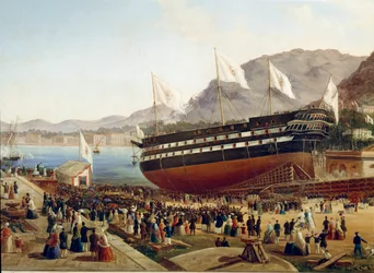 Søsætningen af skibet Monarca i Castellammare-arsenalet i Napoli i 1854, detalje. 19. århundrede, Napoli, Museo Nazionale di San Martino