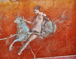 Oplontis, nær Napoli, Italien (Napoli, Italia): vægmalerier i Villa Poppaea - detalje af romersk fresko, mytologisk scene, bortførelsen af Europa - romersk kunst - Foto Patrice Cartier -