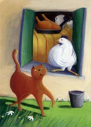 Kat og høne i gårdspladsen - illustration af Patrizia La Porta