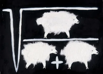 Kloning: Et matematisk symbol, der repræsenterer beregninger med kvadratrod, division og addition, med et får anvendt som forsøgsdyr. Collage af hvid bomuld på sort baggrund.