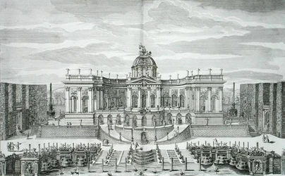 Den store grotte og fontænehaven ved Princely Pleasure Palace and Gardens, Berlin, indgraveret af Johann August Corvinus (1683-1738), udgivet ca. 1711-16 (gravering)