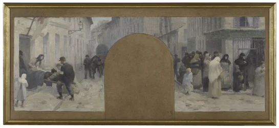 Skitse til Hôtel de Ville de Paris, cabinet du préfet: Transport af sårede til ambulancen. Kø foran en butik under belejringen af Paris i 1870