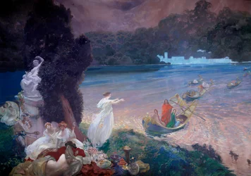 Happy Island: scene med fabel, der repræsenterer både, der slutter sig til gæster til en banket på græsset. Detalje af et maleri på tapet af Paul Albert Besnard (1849-1934). 1900. Paris, Dekorativ Kunst