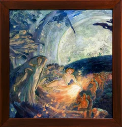 Sandheden, der trækker Videnskaberne for at oplyse Menneskeheden (Sandheden, der træner Videnskaberne, følger den, angrer sit lys på mennesker). Maleri af Albert Besnard (1849-1934) - Sandhed efterfulgt af videnskaberne og bringer lys til menneskeheden - M