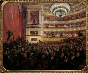 Premiere på Hernani Premiere-repræsentation af stykket "" Hernani"" af Victor Hugo (1802-1885) på Comedie Francaise den 25/02/1830. Maleri af Paul Albert Besnard (1849-1934) 1800-tallet søn. 1,05x1,22 m Paris, hus Victor Hugo