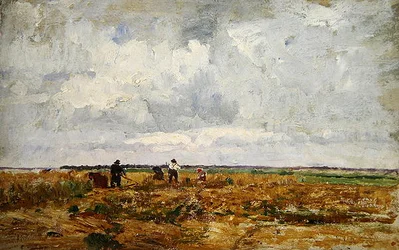 Et Dachau-landskab med bønder og kvinder, der arbejder på jorden (olie på pap)