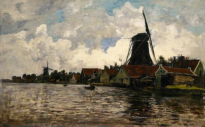 Holland, flodlandskab med to vindmøller (olie på træ)