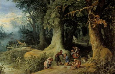 Våbenangreb i en skov En gruppe motorvejsbanditter. Maleri af Paul Bril (Brill) (1554-1626)