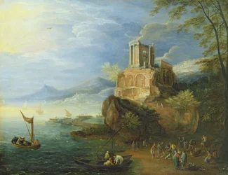 Havkyst med Vesta-templet (olie på panel)