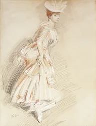 En elegant dame, stående i fuld længde,