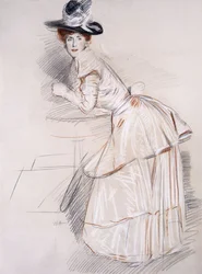 Portræt af Madame Helleu læner sig op ad et bord,