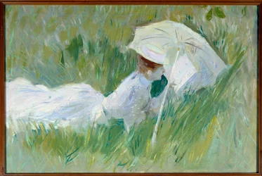 Portræt af Madame Helleu, malerens hustru, i græsset Maleri af Paul Cesar Helleu (1859-1927) før 1927, olie på lærred, Dim. 0,54x0,81 m Rouen, musee des Beaux Arts - Portræt af Madame Helleu, malerens hustru, liggende i græsset. Maleri b