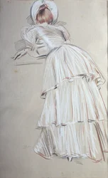 Kvinde stående lænet bagfra (pastel)