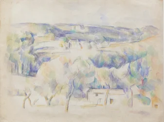Hus og lund, ca. 1890 (blyant og akvarel på papir)