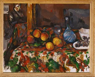 Stilleben med ferskner, karaffel og figur (olie på lærred)