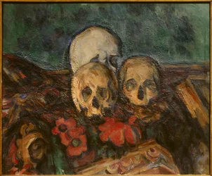 Tre skind på et orientalsk tæppe Maleri af Paul Cezanne (1839-1906) 1898 Solothurn. Kunstmuseum. - Tre kranier på et orientalsk tæppe. Maleri af Paul Cezanne (1839-1906)