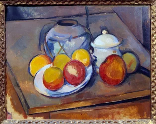 Vasehalm, sukkerskål og æbler Maleri af Paul Cezanne