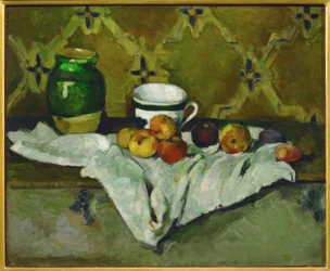 Stilleben (keramik, kop og frugt)