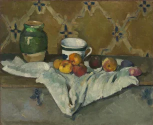 Stilleben med krukke, kop og æbler, ca. 1877