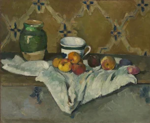 Stilleben med krukke, kop og æbler, ca. 1877.