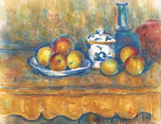 Stilleben med blå flaske, sukkerskål og æbler, 1900-1902.