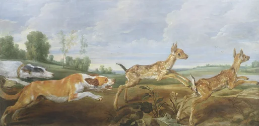 En jagtscene: hunde jager to fauner