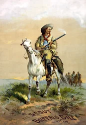 Omslag til bogen "The Scout Buffalo Bill" af Han. W.F. Cody, illustration af P. Frenzeny, sd. mellem 1860 og 1890.