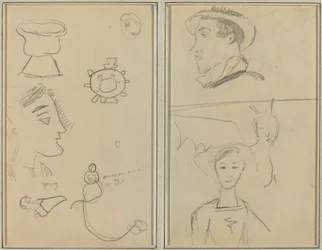 En karikatur og fem former; En mand i profil, et bevinget væsen og en dreng [verso]
