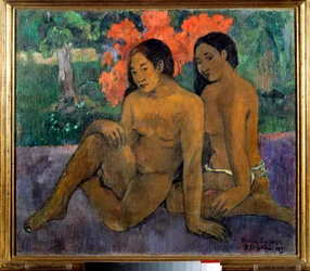 Og deres kroppes guld. To nøgne tahitianske kvinder poserer. Maleri af Paul Gauguin (1848-1903), 1901. Sol. 0,67 x 0,76 m. Paris, Musée d