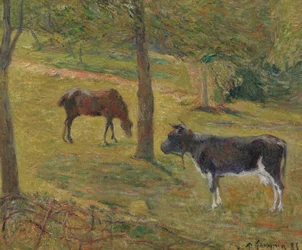 Fransk: Vache et cheval dans un pré Ko og hest på en eng