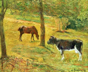 Hest og ko på en eng, 1885