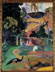 Matamoe eller Landskab med påfugle. Udsigt over et landskab på Tahiti. Maleri af Paul Gauguin (1848-1903)