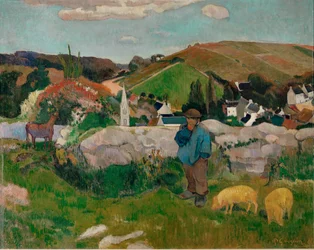 Bønder, grise og en landsby under klar himmel (olie på lærred)