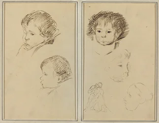 To Studier af et Barnehoved; To undersøgelser af et barns hoved, en kvinde i profil og en mand, der bryder et dyr [recto]