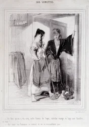 2 fattige kvinder i samtale på trapperne om mænd, "Les Lorettes"", Gavarni, ca. 1840.