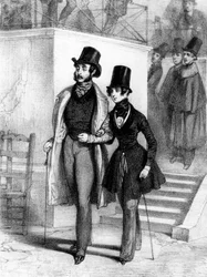 George Sand (r) klædt ud som studerende, og hendes elsker Jules Sandeau i Paris, ca. 1831, gravering af Paul Gavarni (1804-1866)