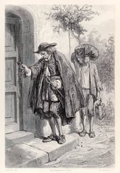 Gulliver ankommer hjem klokken tre om eftermiddagen og træder ind i huset, fra den franske udgave af Gullivers Travels af Jonathan Swift