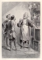 Gulliver træder ind i et rum på det store Akademi i Lagado, fyldt med en modbydelig lugt, fra den franske udgave af «Gullivers rejser» af Jonathan Swift