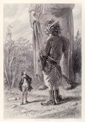 Gulliver møder Queens 30 fod høje dværg, der er glad for at have en i retten, der er mindre end ham at plage, fra den franske udgave af Gullivers Travels af Jonathan Swift
