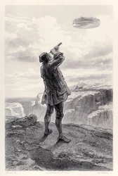 Gulliver ser den flyvende ø Laputa for første gang og undersøger den gennem sit teleskop, fra den franske udgave af Gullivers Travels af Jonathan Swift