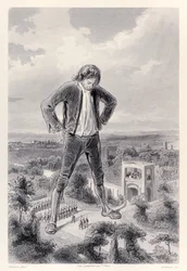 Den Lilliputianske hær marcherer mellem benene på Gulliver, fra den franske udgave af Gullivers Travels af Jonathan Swift