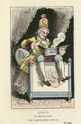 Illustration af Hadol (1835-1875) i Histoire de France tintamarresque, ca. 1880 - Old Regime - Du Barry Jeanne, Louis XV
