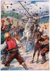 De kastede en byge af sten på Don Quixote, illustration fra 