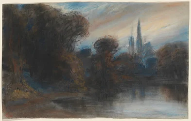 Et kloster ved en skovklædt sø i skumringen, ca. 1831 (pastel)